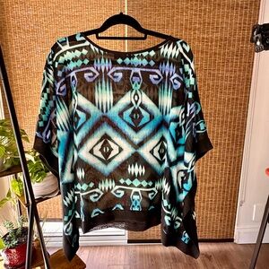 Aztec Geometric Print Dolman Blouse Top Blue Black Seagreen